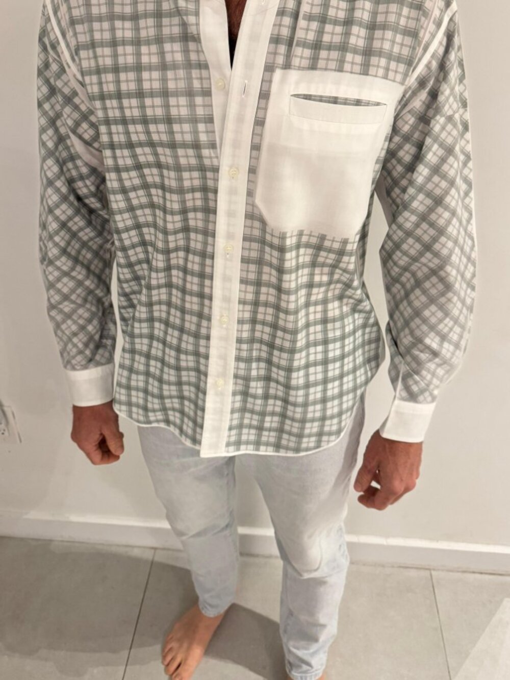 Issey Miyake Men White & Grey Plaid Button-Down Shirt 4 US L